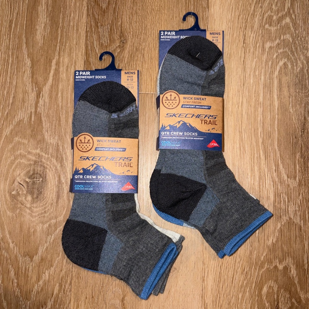 2 Skechers Cool Max Trail 2 Pack Midweight Qtr Crew Socks 8-12-Hiking New